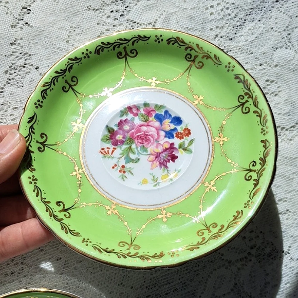 Vintage Grosvenor Jackson & Gosling Bone China Teacup Saucer Green Gold Floral